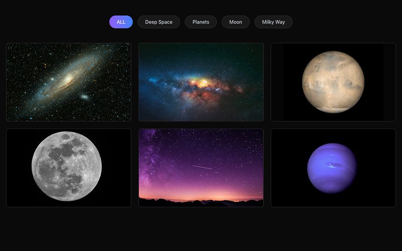 Η γκαλερί του AstroGallery: φίλτρα κατηγοριών πάνω από έξι φωτογραφίες, τον γαλαξία της Ανδρομέδας, τον πυρήνα του Γαλαξία, τον Άρη, την πανσέληνο, τον Γαλαξία πάνω από βουνά και τον Ποσειδώνα.