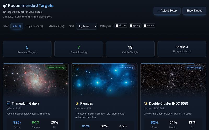 Οι προτάσεις του AstroPlanner: 19 στόχοι για απόψε ταξινομημένοι κατά βαθμολογία, με πρώτους τον Γαλαξία του Τριγώνου, τις Πλειάδες και το Διπλό Σμήνος, ο καθένας με φωτογραφία, βαθμολογία, κάδρο και κάλυψη.