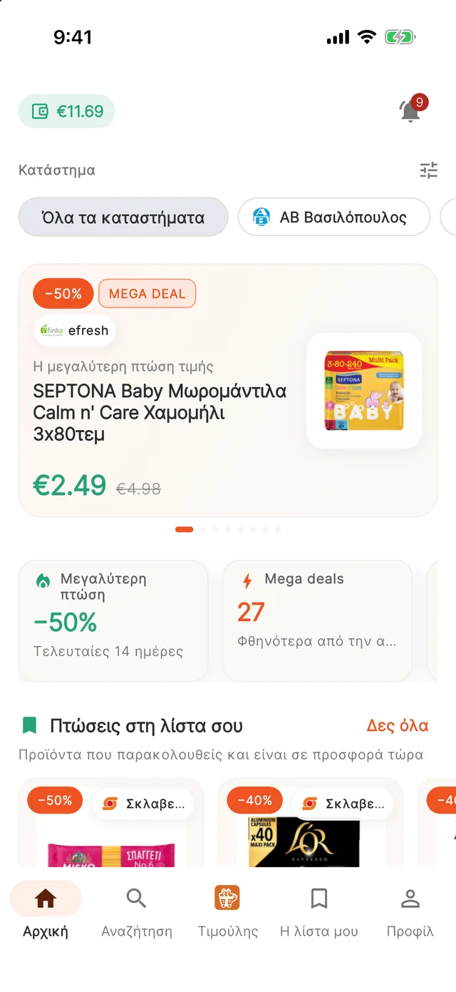 Αρχική οθόνη: η μεγαλύτερη πτώση τιμής της ημέρας και οι πτώσεις στη λίστα του χρήστη.