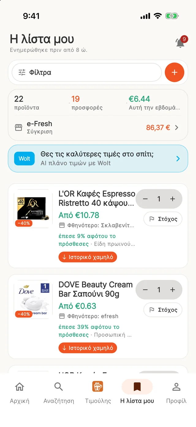 Η λίστα μου: 22 προϊόντα, 19 σε προσφορά, με τη φθηνότερη αλυσίδα για το καθένα.
